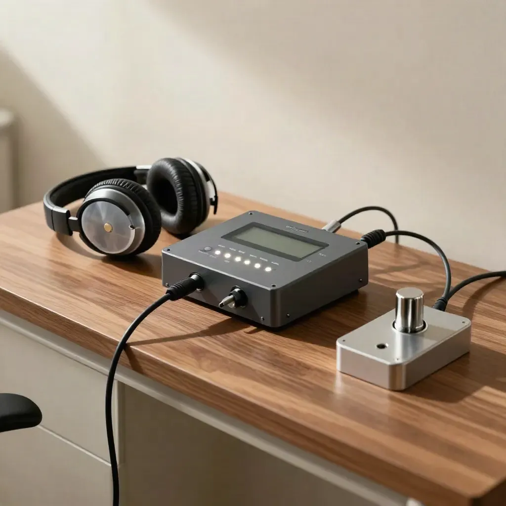 Modulo di taratura acustica con cuffie di prova, cavi ordinati e supporti auricolari su banco in legno.