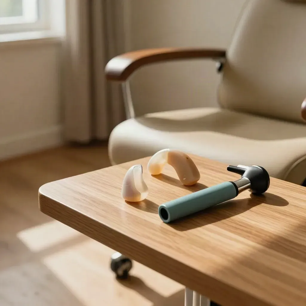 Poltroncina e tavolino con moduli acustici e otoscopio in un angolo caldo e luminoso.