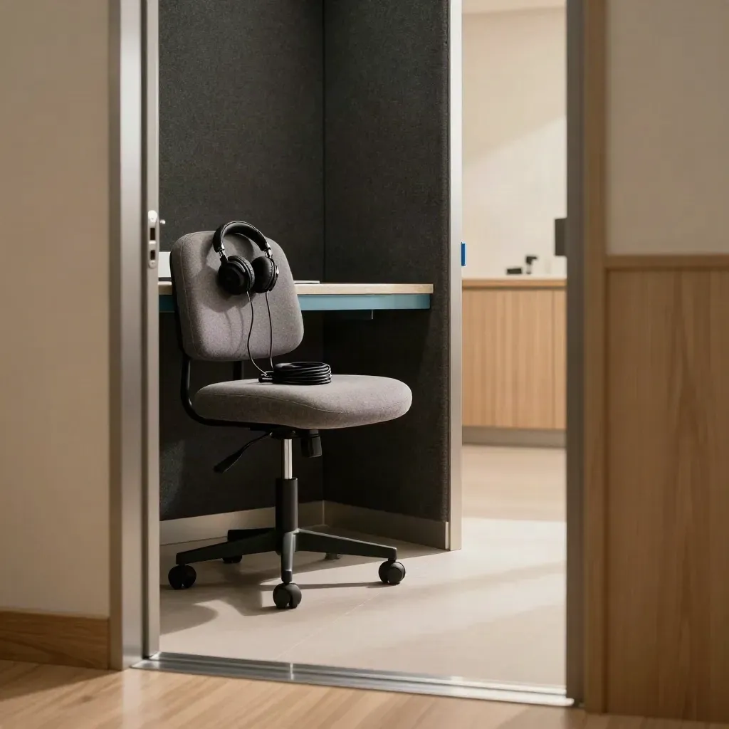 Cabina per test dell’udito pronta, con cuffie, pannelli fonoassorbenti e luce calda.