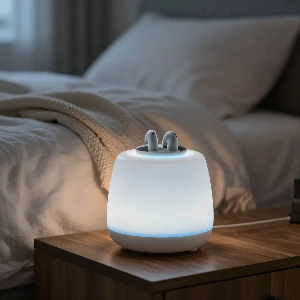 Camera bassa su comodino con diffusore sonoro, apparecchi acustici, abat-jour e coperta ripiegata.