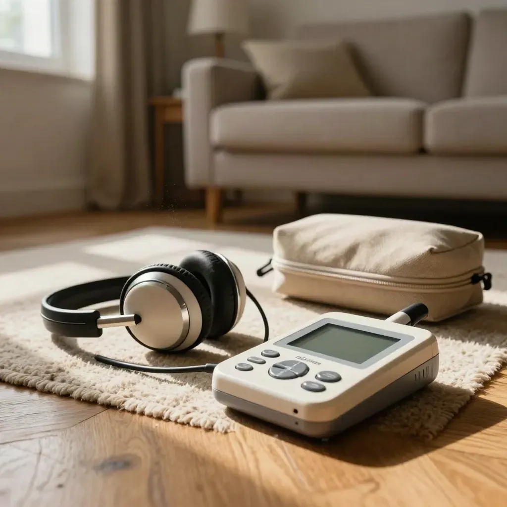 Kit domiciliare per test uditivo su tappeto, con audiometro, cuffie e divano sfocato