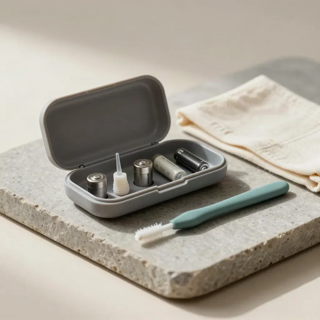 Vassoio di manutenzione acustica con custodia, filtri, batterie, spazzolina e panno su pietra.