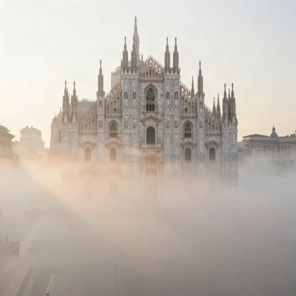 Il Duomo di Milano emerge dalla nebbia con il profilo lombardo all’alba.