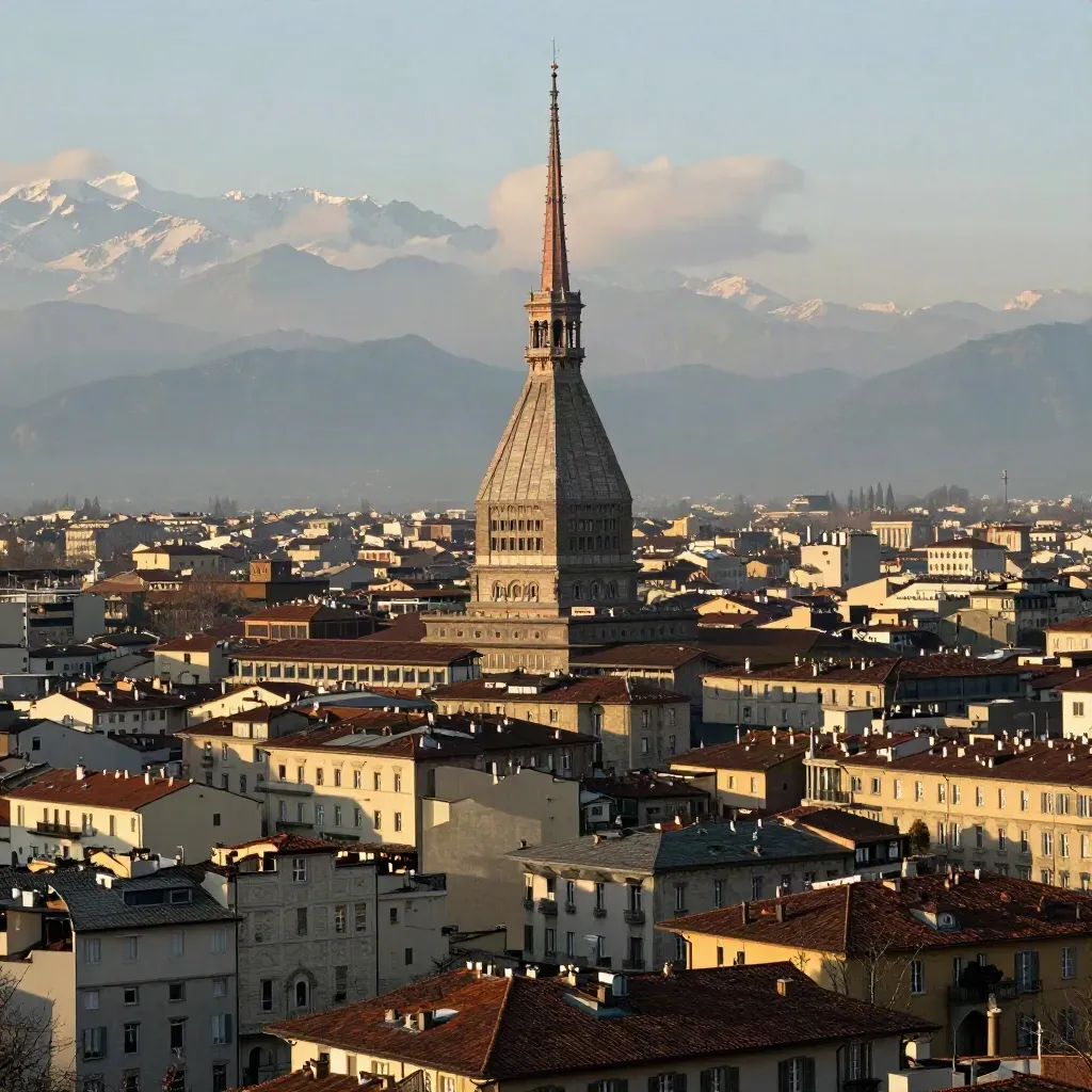 Mole Antonelliana su Torino al tramonto, con le Alpi sullo sfondo e tetti caldi in foschia.