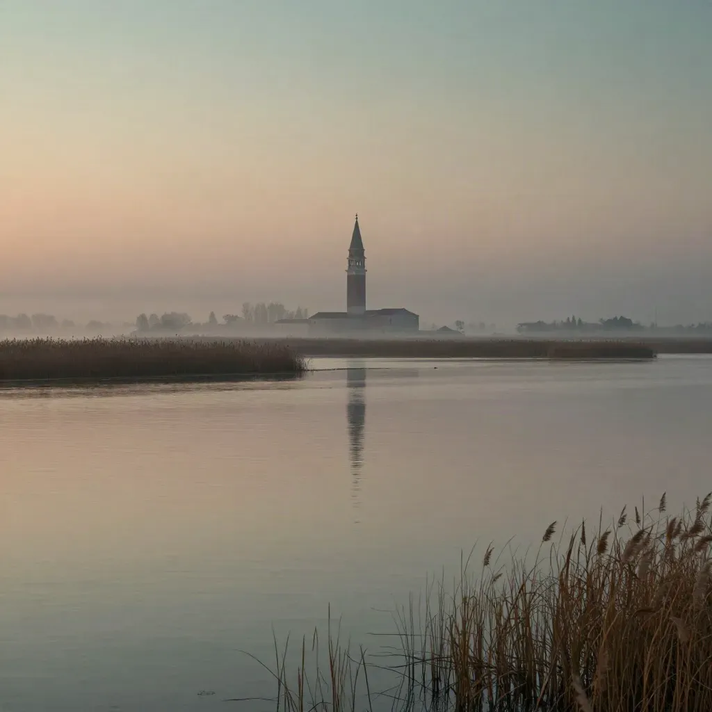 Laguna veneta all’alba con campanile lontano, tetti bassi e acqua nella bruma.